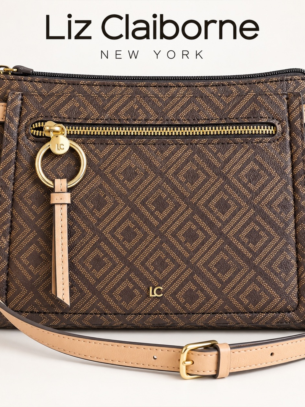 Liz Claiborne Brown Monogram Crossbody Bag Tan Gold Hardware